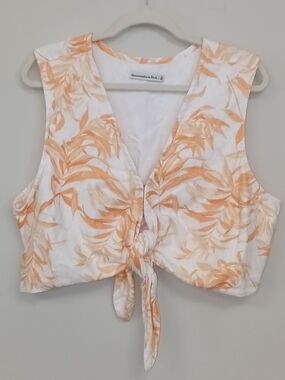 Abercrombie & Fitch Linen Blend Orange Floral Tie Front Resort Crop Top XL